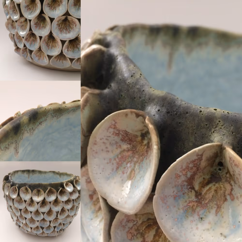 Close up shots of a handmade decorative planter with attachments.