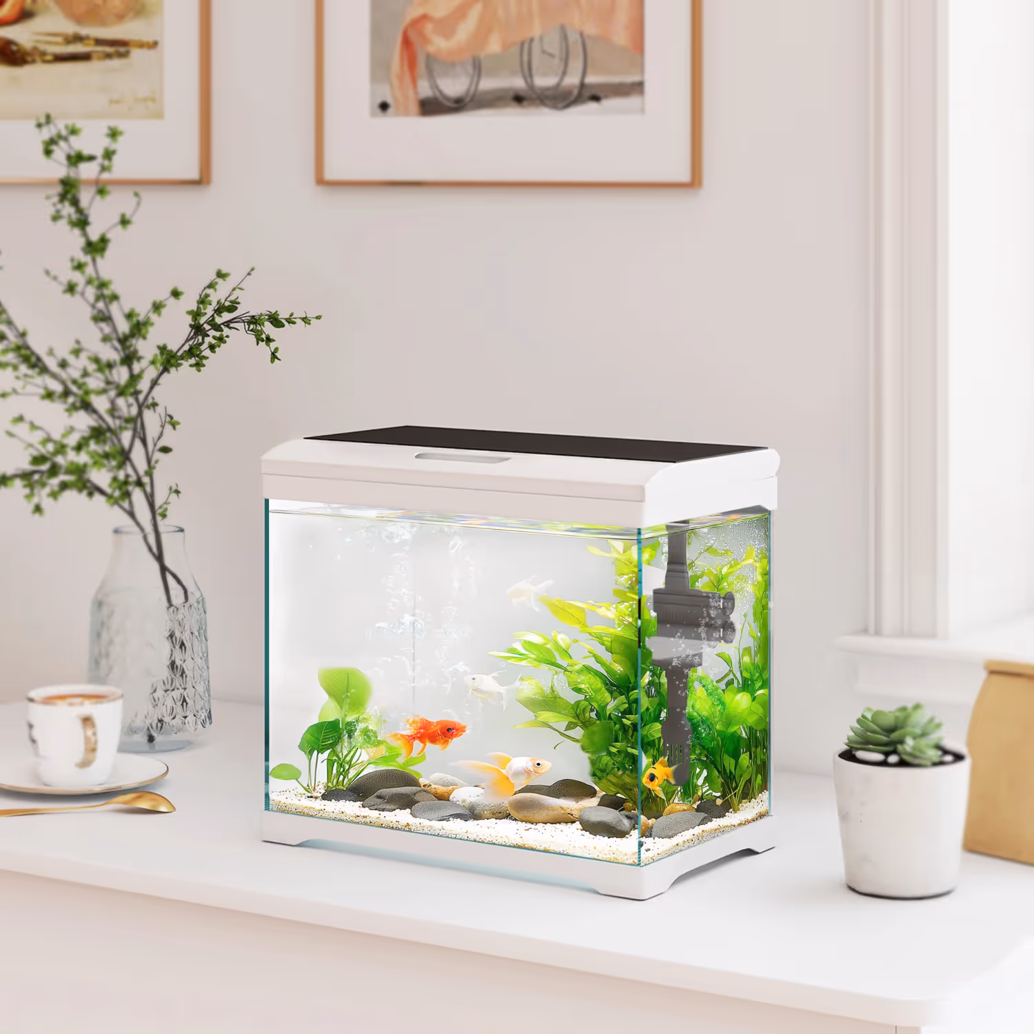 A small home aquarium on a table top.