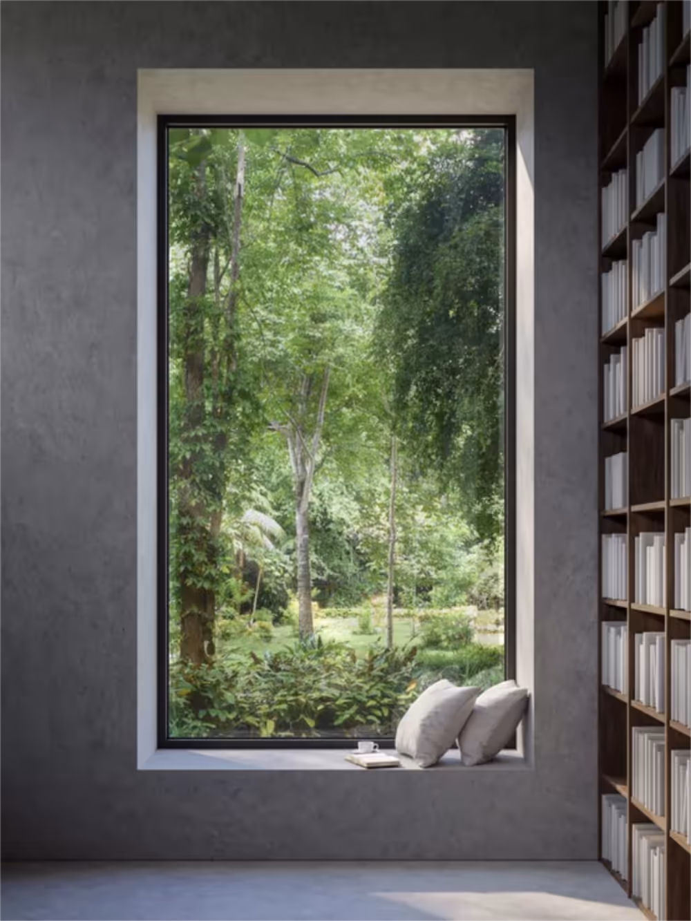 A modern room with grey concrete walls, floor to ceiling open bookshelves and a tall window overlooking parkland.