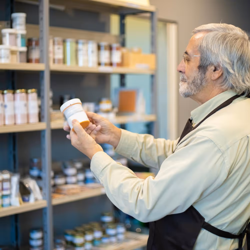A man in a decorator's store reading the label on a tin of paint.