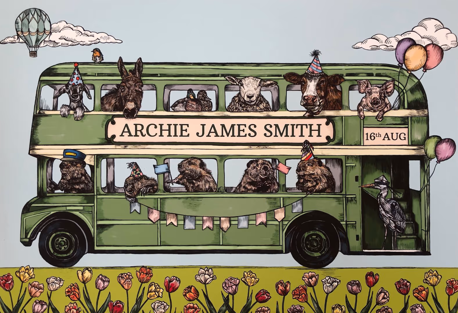 A mural of a green bus full of animals