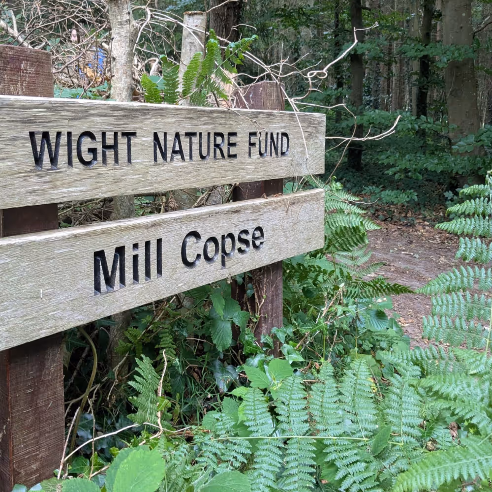A wooden signpost for a wood named Mill Copse managed by Wight Nature Fund.